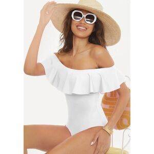 Trina Turk NWT size 4 Monaco white Off The Shoulder One Piece Ruffle Swimsuit